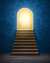 Escape exit minimalist. A glowing doorway at the top of a dark staircase, set against a textured blue wall, radiates warm light into the room.