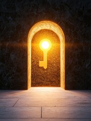 Escape exit minimalist. A glowing key-shaped light illuminates a dark arched doorway, symbolizing opportunity, access, and discovery.