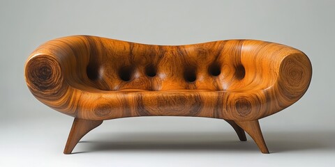 Striking Couch with Ornate Grain Wood Design and Unique Shape Against a Plain Background
