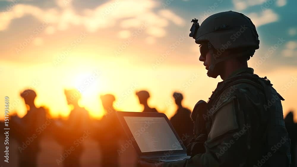 Poster soldiers prep in dawn light, helmets and vests aligned in rows, team leader inputs encrypted briefin
