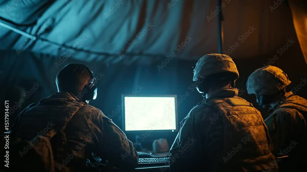 Poster inside camouflaged command tent, group of military men huddle around glowing computer screen, sendin