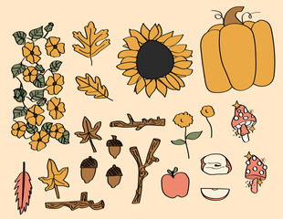 A set of autumn fruits, flowers, leaves, and vegetables.