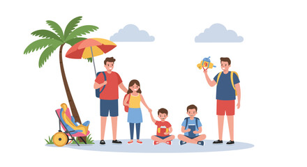 Happy family vacationing on the beach with palm tree umbrella and beach chair in the summer