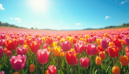 Vibrant Tulip Field Under Sunny Sky