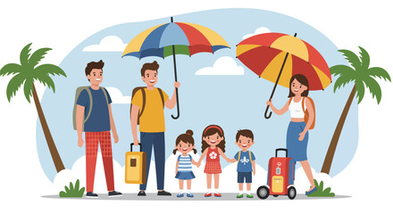 Fototapeta premium Happy family vacation travel with umbrellas and luggage at tropical beach destination illustration