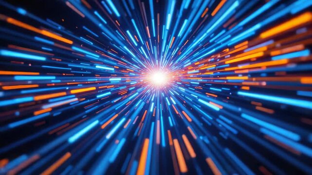 Vibrant rays of blue and orange light accelerating towards a bright core, creating an illusion of speed and movement in a digital space background