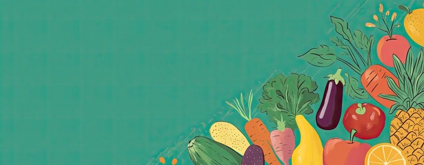 Colorful assortment of fruits and vegetables against a teal background