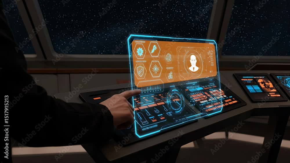 Poster futuristic spaceship control panel with interactive touchscreen
