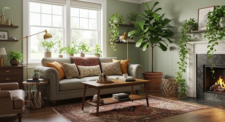 Obraz premium Cozy living room interior design with houseplants
