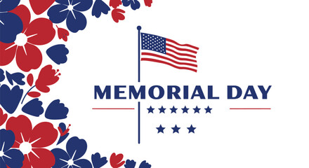 Memorial Day Patriotic Floral Design with American Flag and Stars on White Background