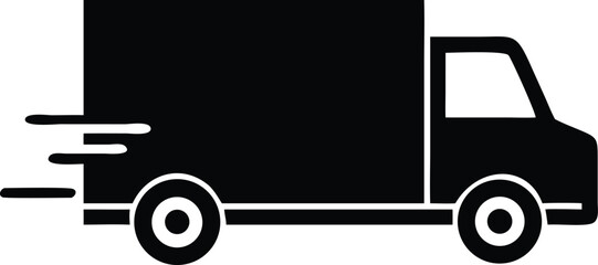 Black and White Flat Icon Illustrating a Delivery Truck in Motion on White