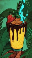 Dessert Glass Topped With Strawberry, Chocolate Drizzle, and Splash of Water on Green Tropical Leaves