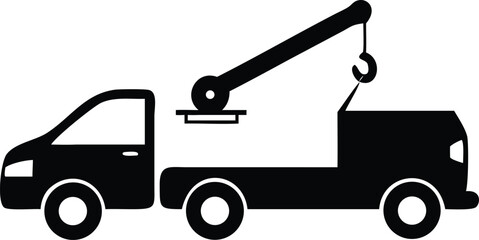 Black and White Tow Truck with Crane, Side View, Roadside Assistance Icon