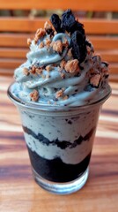 Layered Dessert Featuring Creamy Blue Swirls in a Clear Glass Cup with Cookie Pieces