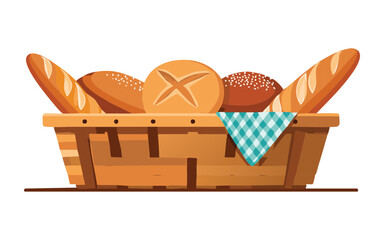 Rustic Basket with Assorted Bread and Rolls - Vector Illustration