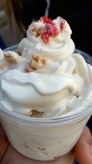 Creamy Dessert with Toppings in a Plastic Container Held by Hand