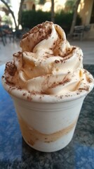 Whipped Cream Dessert Topped with Powdered Chocolate in Container on Table