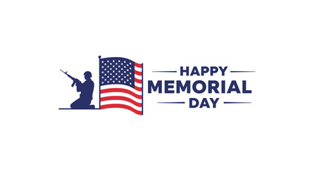 Happy Memorial Day with Soldier Silhouette and American Flag on a White Background