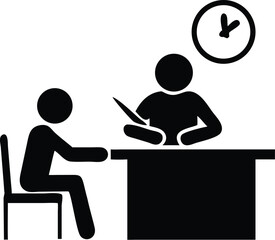 Black and White Pictogram Illustration of an Interview with Clock Symbolizing Limited Time