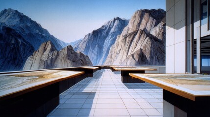 Scenic view of a modern architectural space overlooking majestic mountain ranges with detailed maps