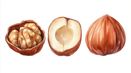 Realistic watercolor clipart of fresh peeled hazelnut fruits, including whole and sliced views, in warm brown and beige shades for use in food or product labels.

