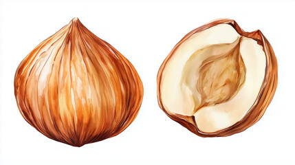 Hand-painted botanical watercolor illustration of peeled hazelnuts, featuring whole and halved pieces in realistic brown and beige tones—perfect for label or packaging design.

