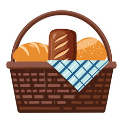 Woven Basket of Fresh Bread Loaves - Vector Illustration