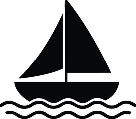 Simple Black Silhouette of a Sailboat on Water with Gentle Waves Illustration
