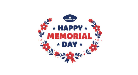 Happy Memorial Day Floral Wreath with Police Hat and Red Bow Design