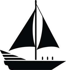 Black Silhouette of a Sailboat on White Background with Mast and Three Sails