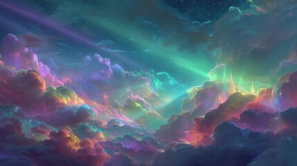 Obraz premium Vibrant Colorful Cloudscape at Night with Rainbow Hues and Starry Sky