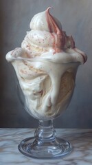 Towering vanilla dessert with pink swirls in a stemmed glass, presented on a marble surface.