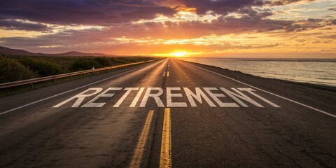 Retirement text on beach highway background. Financial freedom success after long work, way to happiness and lifestyle of wealth, money growth and income strategy of savings, retro sunset