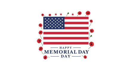 Happy Memorial Day with American Flag and Red Poppies on a White Background