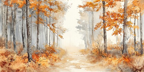 Fototapeta premium Scenic forest pathway framed by colorful autumn leaves inviting adventure into nature's embrace