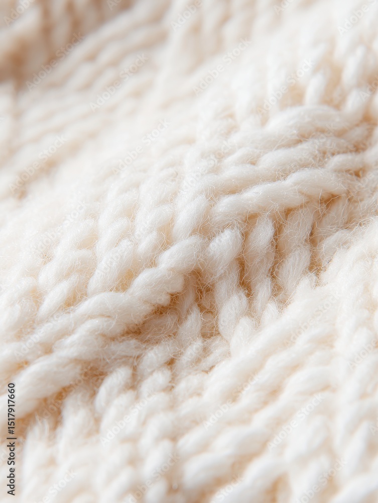 Poster close-up of a textured cream-colored knitted fabric showcasing intricate patterns and fibers