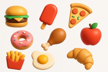 Set of cartoon food icons including burger, pizza, ice cream, donut, egg, apple, chicken, fries, croissant on white background
