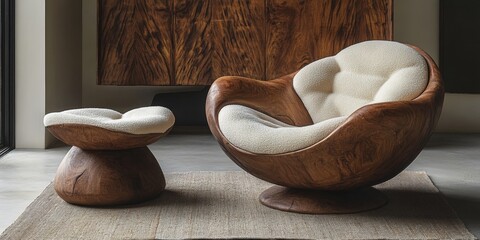 Sculptural Wooden Swivel Chair and Ottoman with Plush Cushions in Interior Setting