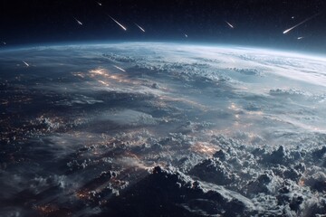 Fototapeta premium Wide-Angle View from Orbit of Multiple Meteors
