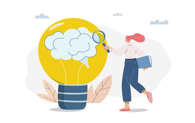 Conceptual analysis, Symbols of analysis and problem solving, Businesswoman examining new idea through magnifying glass and light bulb with brain,  Flat design vector illustration.
