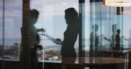 Discussion, window reflection and business women in office with partnership for finance report....