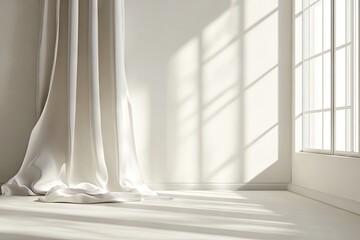 Empty room, bright sunlight, flowing white curtain