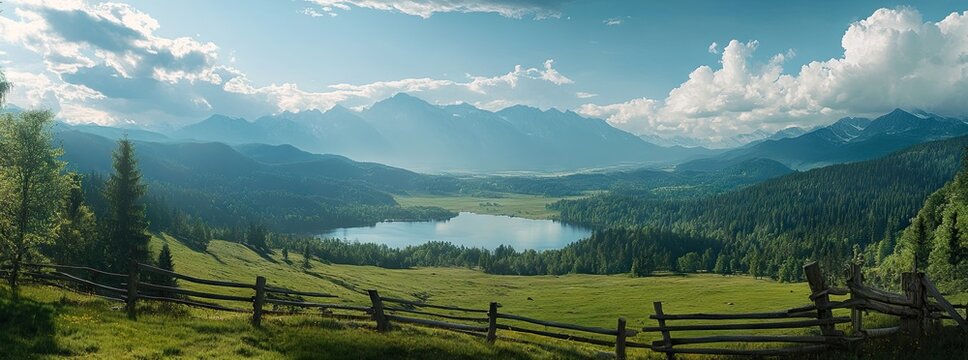 Panoramic mountain vista with a tranquil lake nestled amidst rolling hills. Lush greenery, towering peaks, and a clear sky, framed by a rustic wooden fence, create a serene landscape