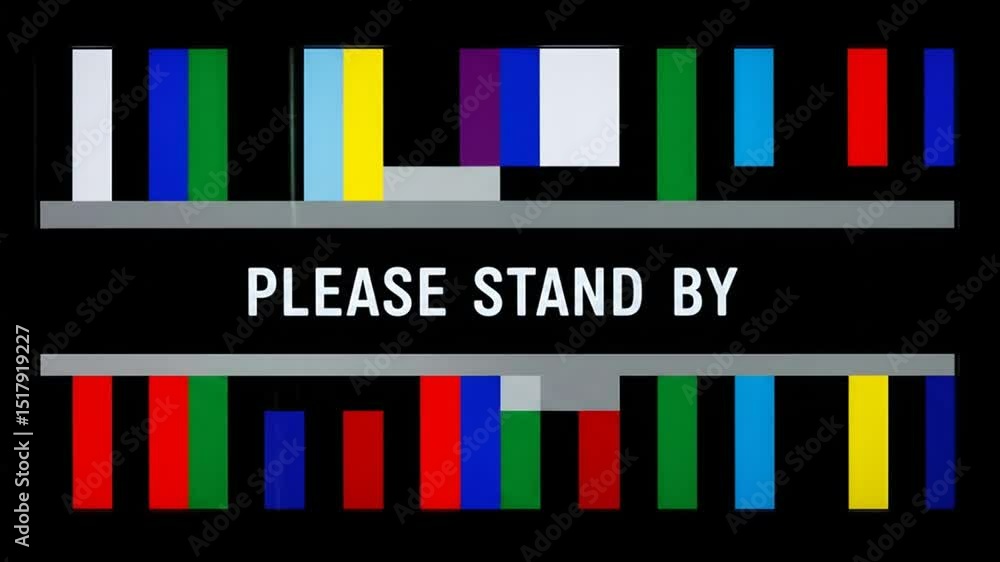 Poster displaying static test card pattern screen please stand by message