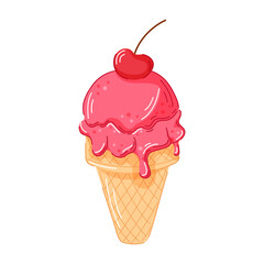 Cherry ice cream cone with pink melting scoop and red cherry on top in waffle cone in cartoon. Perfect for dessert menu, summer sweet or food graphic design. Isolated on a white background.