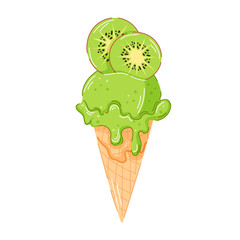 Green kiwi ice cream cone with juicy slices on top and creamy texture dripping down the waffle cone in cartoon. Fruity dessert ideal for summer food package and menu cafe design.