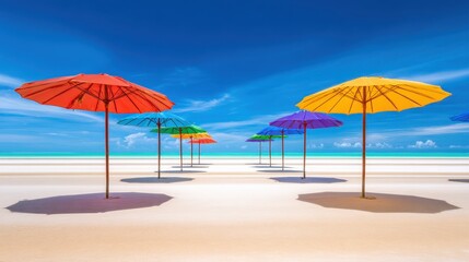 Fototapeta premium Colorful beach umbrellas lined up on a serene shoreline under a clear blue sky