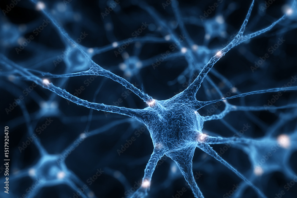 Poster microscopic view of neuron cell, detailed blue structure, complex network, showcasing neural connect