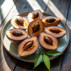 Freshly sliced sawo fruit on a plate with green leaves and natural lighting