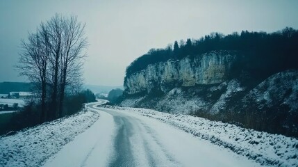 Fototapeta premium Snowy landscape with a winding road and cliff face.
